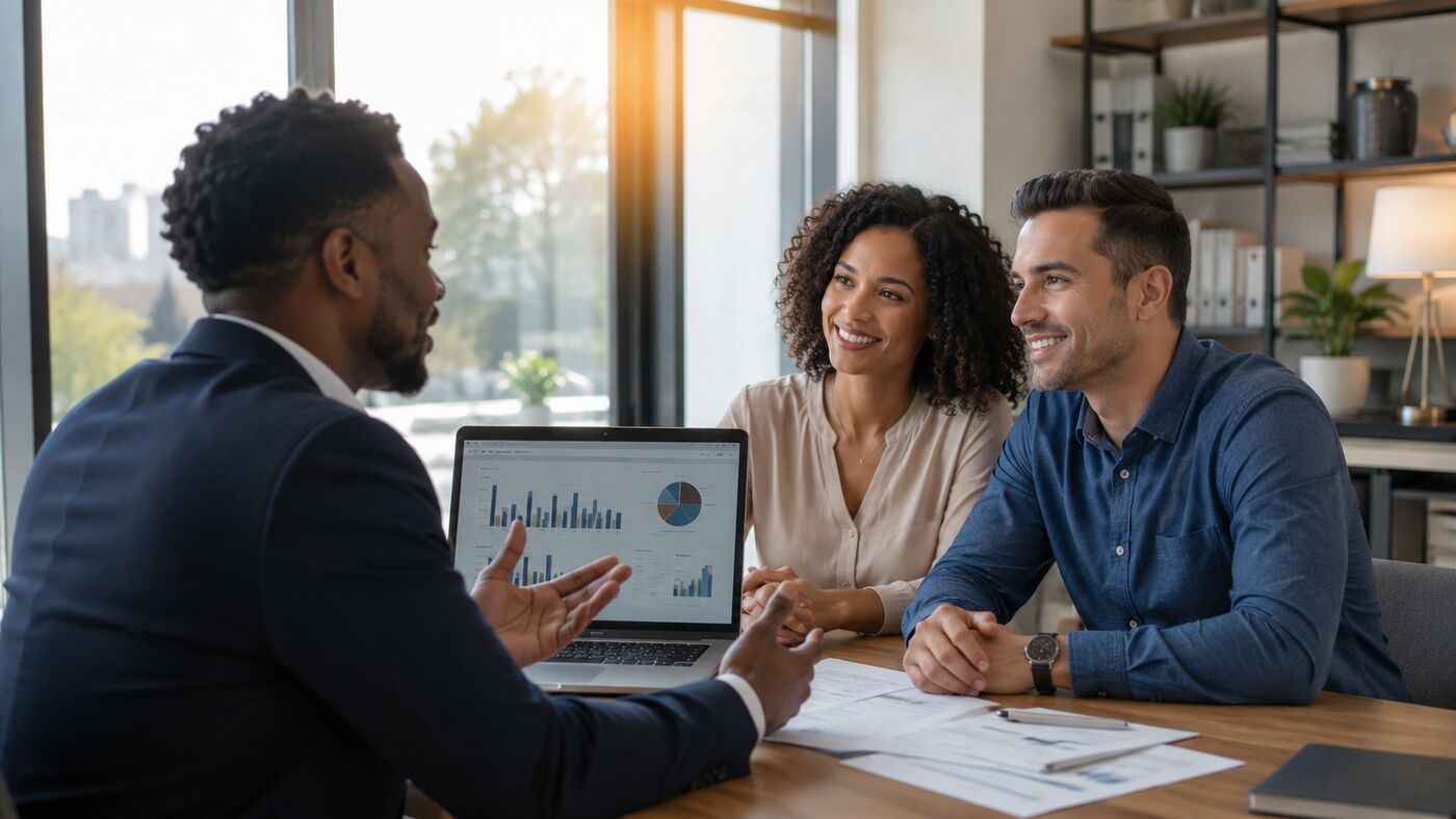 Financial advisor helping business owners review their financial strategy.